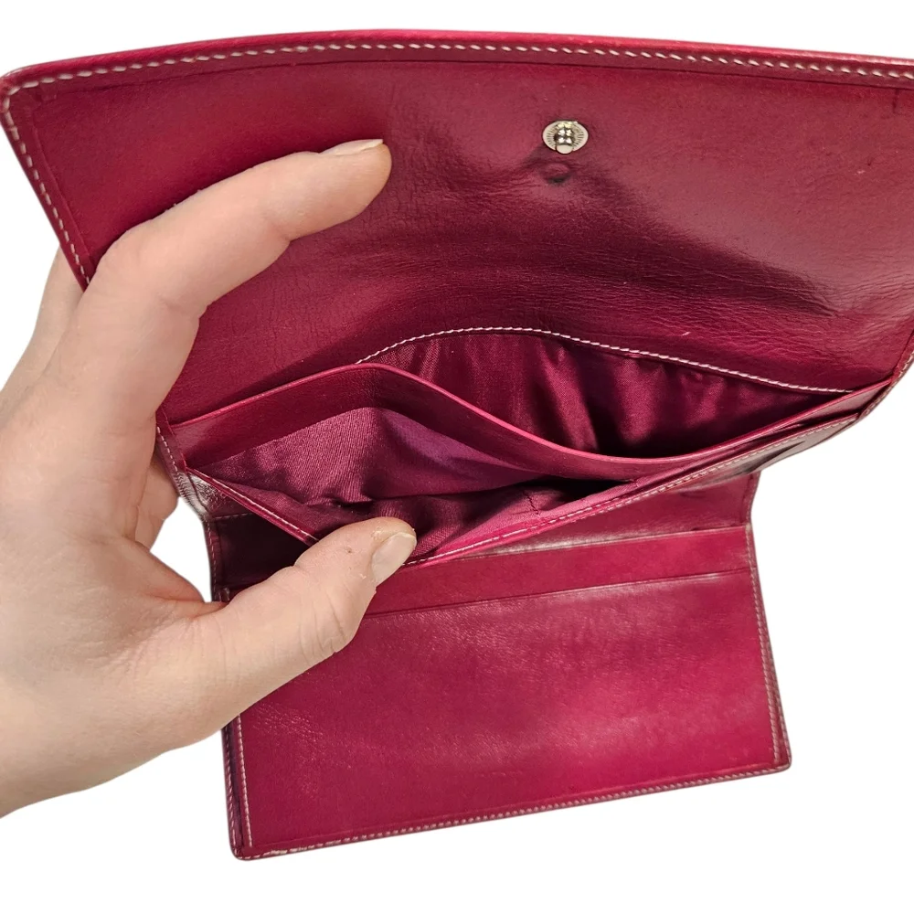 AMO Genuine Leather Wallet Clutch – Deep Berry Red, Snap & Zip, ID Window